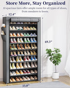 Kitsure Shoe Rack - 10-Tier Shoe Organizer with Zippered Dust Cover & Side Pockets, Easy to Assemble, Space Saving Shoe Rack for Closet, Entryway, Living Room, 33" x 12.4" x 69.3", Grey