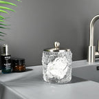 Clear Transparent Apothecary Floral Embossed Glass Jar With Satin Nickel Metal Lid Cover for Bathroom Organization, Cotton Balls, Q Tips, and Small Accessories, Bathroom Storage