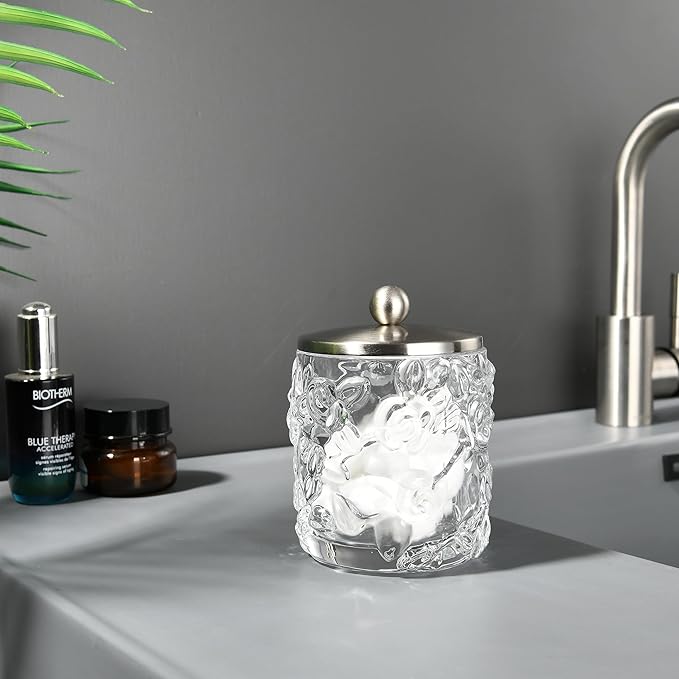 Clear Transparent Apothecary Floral Embossed Glass Jar With Satin Nickel Metal Lid Cover for Bathroom Organization, Cotton Balls, Q Tips, and Small Accessories, Bathroom Storage