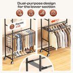 Clothes Racks for Hanging Clothes, Rolling Clothing Rack with Pants Rack, Side Hooks & Shoe Shelf, Portable Garment Rack for Bedroom, Laundry Room, Clothing Store, Closet, Black