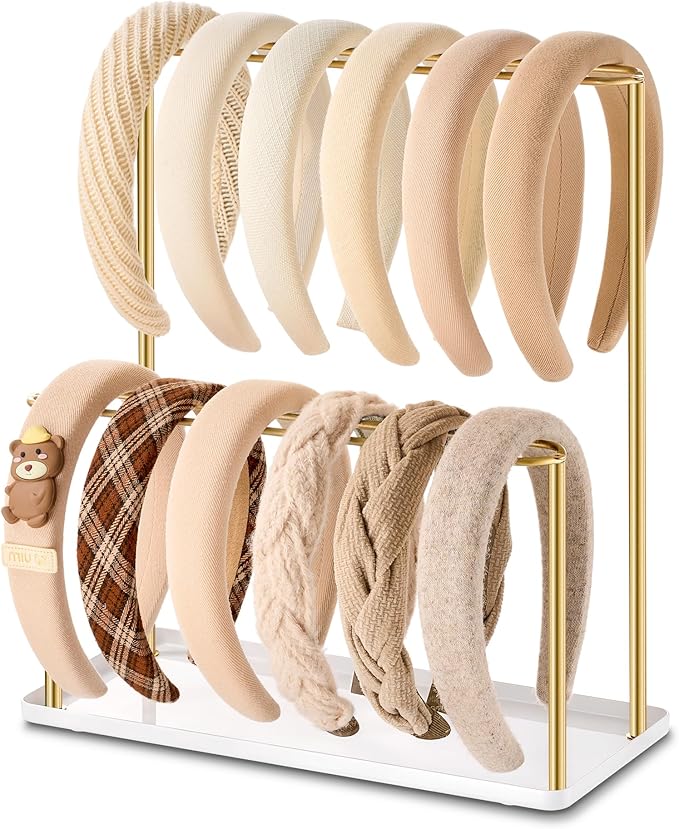 pickpiff Headband Holder Organizer Metal 2-Tier with Tray: Hair Accessories Display Stand Storage, Purse Charms Key Rings Rack Necklace Stand Home Bedroom for Girls Women, Gold