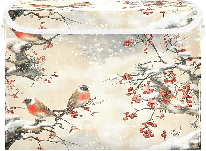 Large Storage Bins with Linen Collapsible Foldable Storage Cubes Fabric Closet Organizer Containers box with Flip-Top Lid for Home Bedroom Office 16.7 x 12.6 x 11.8in (Pattern Color Bird Tree Fruit)