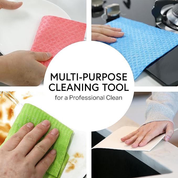 Swedish Wholesale Dishcloths Reusable 8" x 7" Sponge Cloths, Bulk 10 Pack of High Absorbent Cellulose Dish & Kitchen Cleaning Hand Towels, Wring to Dry & Machine Wash, Odor Resistant, Assorted Colors