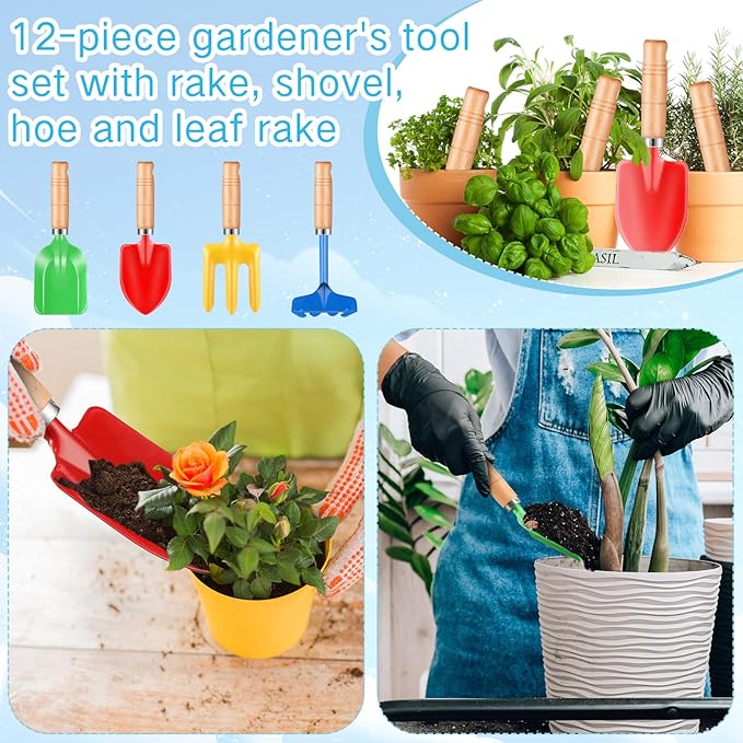8" Kids Gardening Tools, Metal Beach Sandbox Digging Toys with Wooden Handle, Including Shovel, Rake, Fork and Trowel, Garden Sand Snow Tools for Children Gift Outdoor Gardening(12 Pcs)