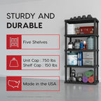 IRIS USA 5-Shelf Heavy Duty Plastic Storage Shelves, 750lb Capacity, 73" H x 36" W x 18" D, Large Modular Shelving Unit Storage Organizer for Garage, Home, Warehouse & Gym, Storage Rack - Black