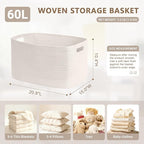 60L Small Baby Girls Laundry Basket for Nursery Storage,Cute Woven cotton Rope Baskets for Kids Toy，Gifts,Boho Square Wicker Blanket hamper for Living Room,Bedroom Dirty Clothes, White