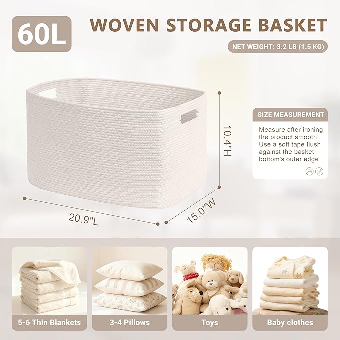 60L Small Baby Girls Laundry Basket for Nursery Storage,Cute Woven cotton Rope Baskets for Kids Toy，Gifts,Boho Square Wicker Blanket hamper for Living Room,Bedroom Dirty Clothes, White