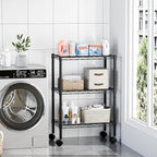 DUMOS Industrial 3 Level Grid Storage Rack ，Mobile Metallic Shelving System with Lockable Wheels， Multi-Purpose Cabinet for Workshop, Culinary Space, Storeroom, Washroom & Restroom Black