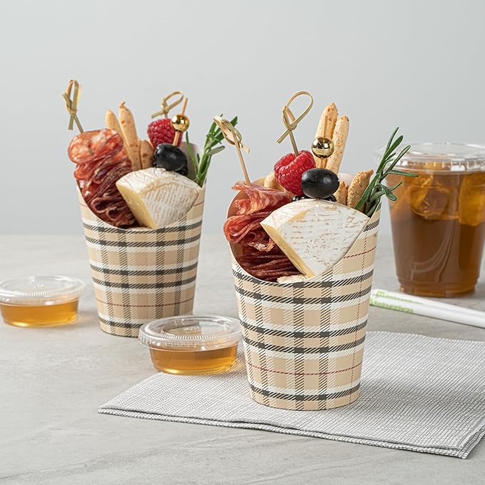 Restaurantware Bio Tek 12 Ounce French Fry Containers 100 Disposable Charcuterie Cups - Incline Design Round Plaid Paper French Fry Cups Stackable For Waffles Chips or Popcorn