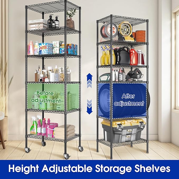 3 Pack Adjustable 6-Tier Storage Shelves with Wheels, 750 lbs Capacity Heavy Duty Wire Shelving Rack, 14" D x 24" W x 71" H Rolling Metal Shelving for Garage, Closet, Kitchen