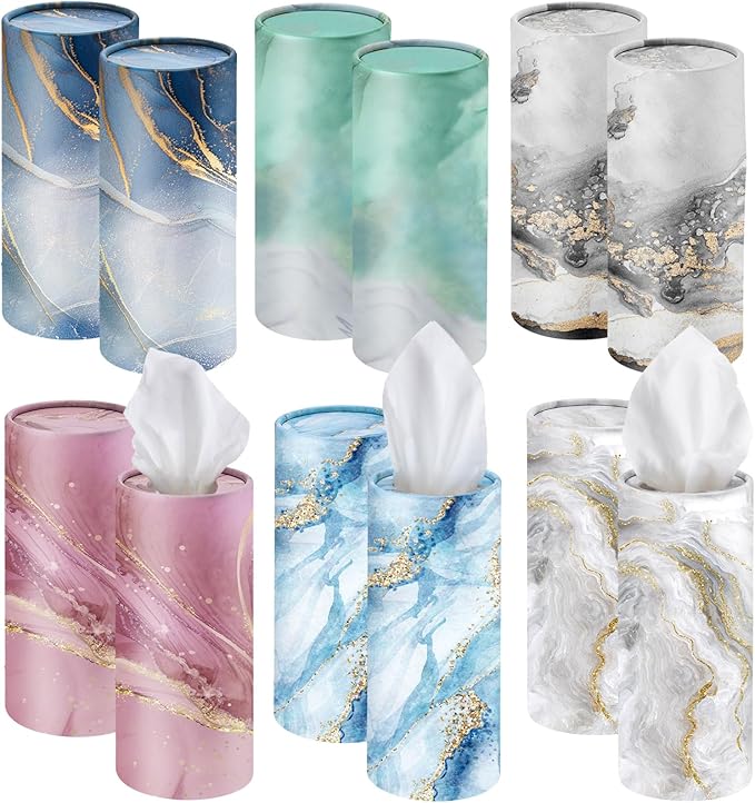 Outus 12 Pcs Car Tissues Cylinder Holder with 3 Ply Facial Tissue Bulk Black White Round Tissue Holder Travel Tissues Boxes Container for Car Cup Wedding Birthday Party(Marble)