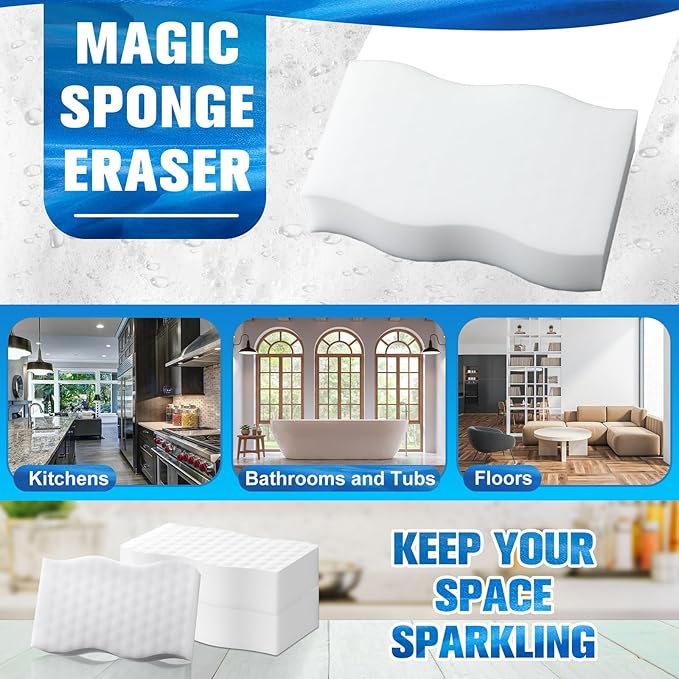 60 Pack Magic Extra Durable Sponge Eraser 3 Layer Density Cleaning Pads in Bulk Thick More Lasting Sponge Eraser for Bathroom Kitchen Floor Bathtub Toilet Cleaner(White)
