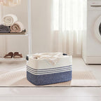 45L Small Laundry Basket with Leather Handles for Living Room Storage, Woven Rope Baskets Bin for Blanket, Kids Toy, Gifts, Wicker Hamper for Bedroom Dirty Clothes, 18"x14"x11" Denim Blue