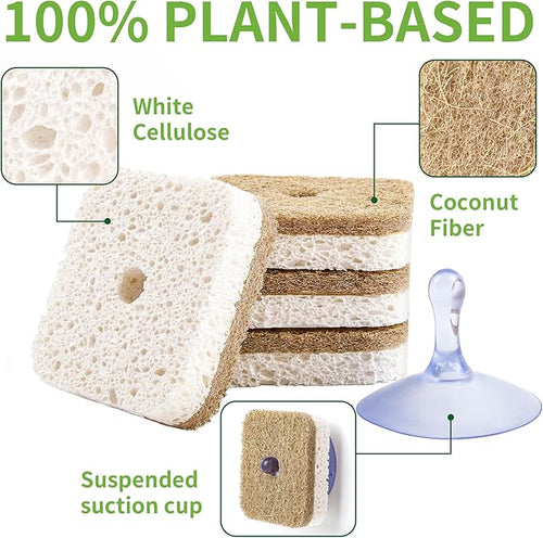 12Pack Kickleen Natural Kitchen Scrub Dish Sponge with Suction Hanger Biodegradable Compostable Cellulose and Coconut Non-Scratch Sponge for Kitchen, Bathroom, Household (White-12)