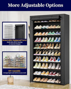 Kitsure Shoe Rack - 10-Tier Large Capacity Shoe Organizer Shelf with Dust Cover & Side Pockets, Rust-Proof Metal Shoe Rack for Closet, Entrance, Living Room, 33.6" x 12.4" x 69.3", Black