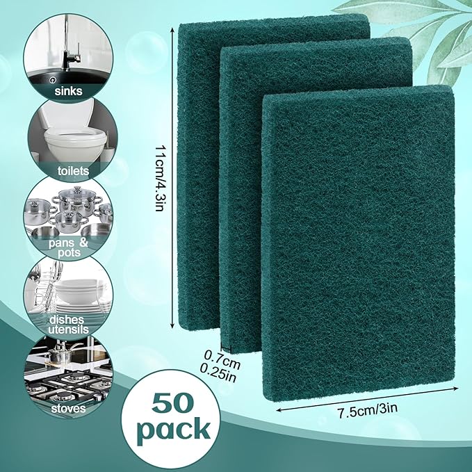 Hoolerry 50 Pcs Heavy Duty Scouring Pads Non Scratch Household Scrub Pads for Cleaning Reusable Pan Scrubber Anti Grease Scrubbing Pads for Dish Kitchen Metal Grills, 4.3 x 3 x 0.3 in (Green)