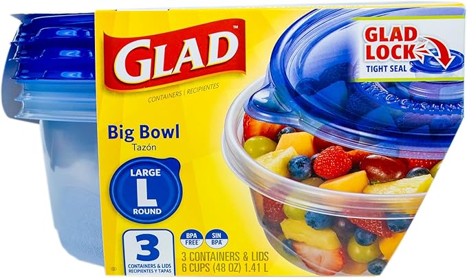 Glad GladWare Big Bowl Food Storage Containers with Lids, Large Round BPA Free Plastic Containers for Soups, Salads, and Meal Prep, Lock Tight Seal, Microwave Dishwasher Safe, 48 Oz, 3 Count - 6 Pack