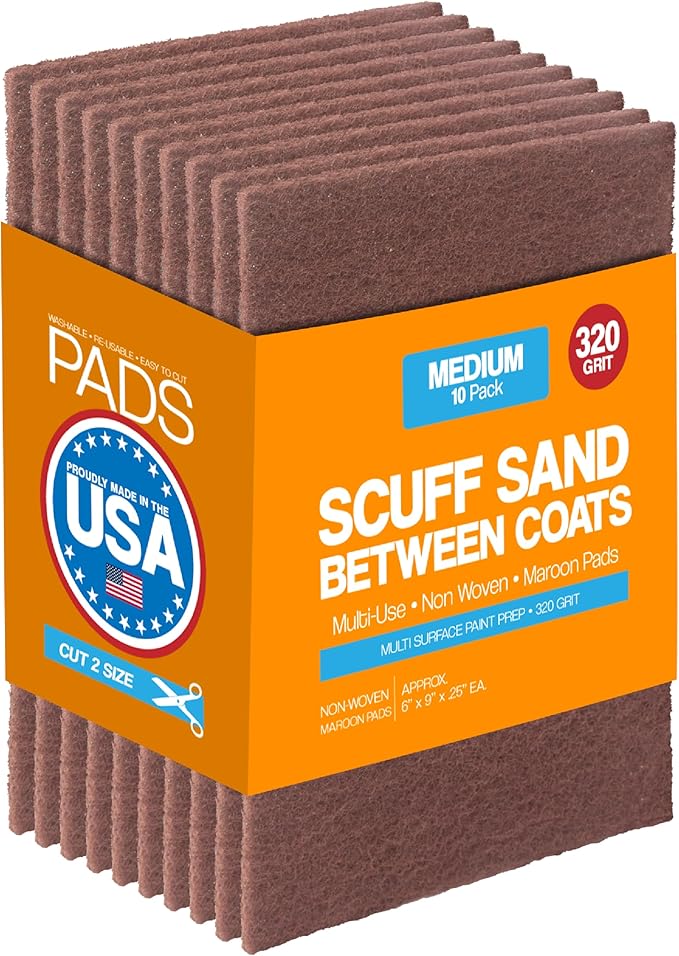 6" x 9" Non-Woven Surface Prep Scuff Pads for Wood, Metal, Scuff Sanding Between Coats of Finish/Paint, Rust Removal, Deburring, Clean Metal, Medium Scuffing Pads - 320 Grit - 10 Pack (Maroon)