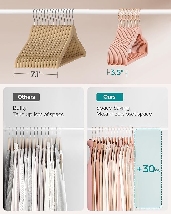 SONGMICS Velvet Hangers 50 Pack, Non-Slip Clothes Hangers, Suit Hangers with Shoulder Notches, Pants Bar, 360° Swivel Hook, Space-Saving, for Closet, Jelly Pink UCRF029PK05
