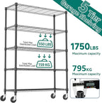 M MZG 1750LBS 47.2" W 5 Tiers Storage Shelves Metal Shelving Unit with Wheels Heavy Duty Garage Shelving Adjustable Wire Shelves for Pantry,Kitchen,Garage,Basement,Black 17.7" D x 47.2" W x 76.8" H