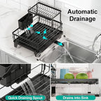 iSPECLE 2 Tier Dish Drying Rack for Kitchen Counter, Expandable Large Dish Drainer with Drainboard Set, Rust Resistant Dish Rack with Utensil & Cup Holder, 16.9" W x 14.4"-22.4" L, Black