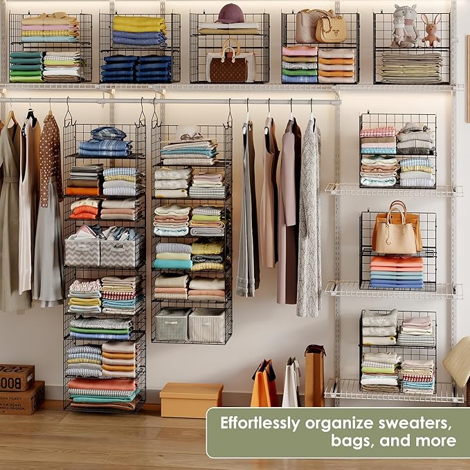 Hanging Closet Organizer and Storage - 8 Tier Closet Hanging Organizer Shelves, Metal & Foldable Hanging Storage Organizer Baskets with Adjustable Dividers for Clothing Sweaters Shoes Handbags