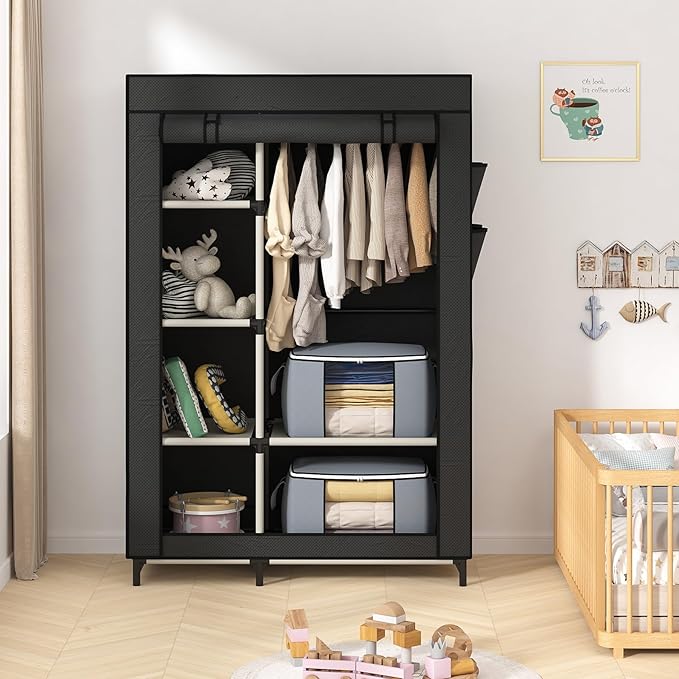 Calmootey Portable Closet, Wardrobe with 6 Shelves and Hanging Rod, Storage Organizer for Bedroom, Non-Woven Fabric Cover with 4 Side Pockets, Includes 2 Storage Bags for Clothes, Black