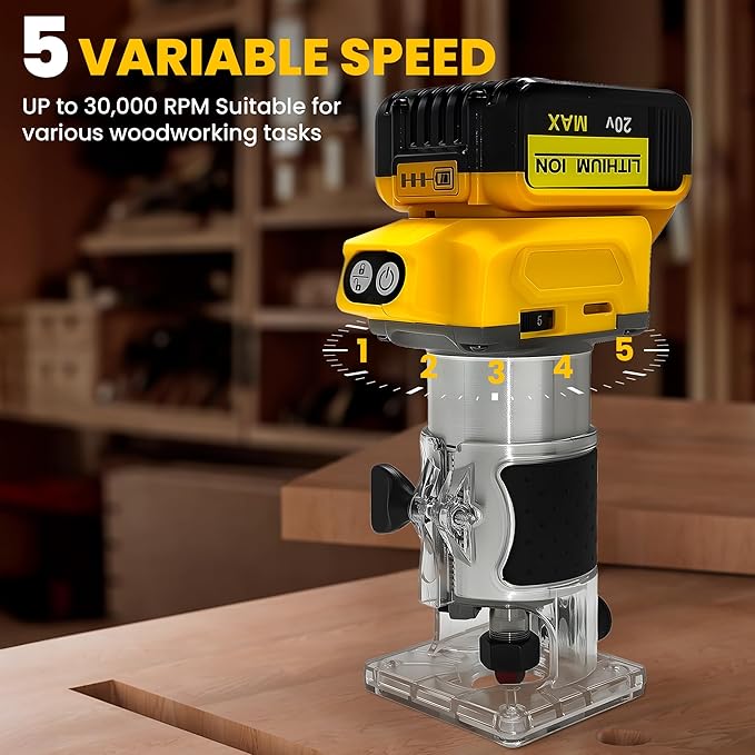 Cordless Wood Router Trimmer for Dewalt 20V Battery, 6 Speeds Wood Trimmer Set, 800W 30000 RPM Brushless Motor Hand Palm Router with 15pcs 1/4"Shank Router Bits for Woodworking,Slotting(NO Battery)