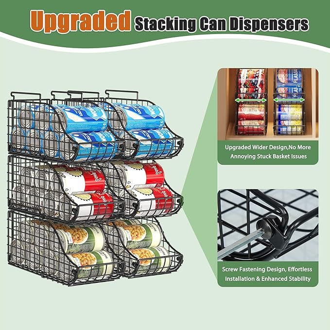 Sonyabecca 4-Pack Stackable Canned Food Organizer with Handles for Kitchen, Soda Can Organizer for Pantry Shelves, Wire Cabinet Shelf for Can Storage, Foldable Soda Dispenser, Patent Pending, Black
