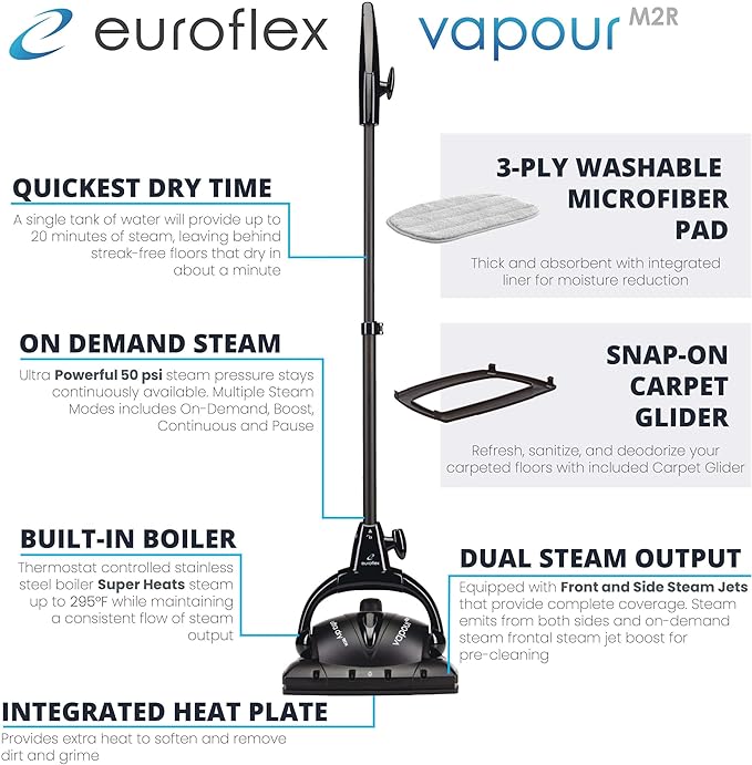 Euroflex Vapour 9-Piece Steam Mop; Ultra Dry Steam Technology; Commercial-Grade 295°F & 50 PSI; Designed & Engineered in Italy; Safe for Steam Cleaning Hardwood & Luxury Vinyl Plank; 5 Year Warranty