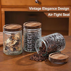 4-Pack 24 OZ Vintage Glass Jar with Lid, Airtight Food Storage Canisters with Bamboo for Kitchen Counter Pantry, Ideal for Coffee, Candy, Tea, Oats, Sugar, Cookies Decorative Jars