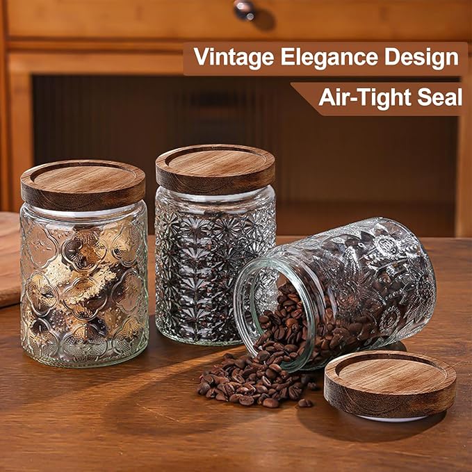 4-Pack 24 OZ Vintage Glass Jar with Lid, Airtight Food Storage Canisters with Bamboo for Kitchen Counter Pantry, Ideal for Coffee, Candy, Tea, Oats, Sugar, Cookies Decorative Jars