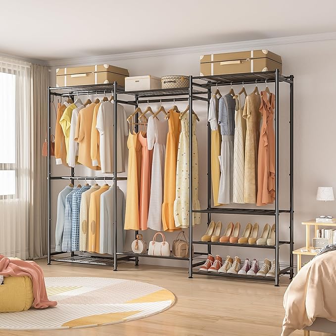 Neatrays Wardrobe Closet Heavy Duty Clothes Rack, Portable Closet Organizer System with 4 Hang Rods & 8 Shelves, Metal Clothing Rack Garment Rack for Hanging Clothes, Max Load 890 LBS