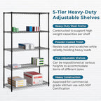 Honey-Can-Do 5-Tier Heavy-Duty Adjustable Shelves, Metal Storage Rack with 800-lb Shelf Capacity, Black, 18" W x 42" L x 72" H