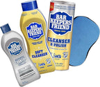 BAR KEEPERS FRIEND Cleanser Trio - Mega Bundle (21 Oz Cleanser and Polish Powder | 26 Oz Liquid Soft Cleanser | 13 Oz Cooktop Cleaner) Plus 1 Foxtrot Microfiber Towel and 1 Microfiber Scrubber Sponge