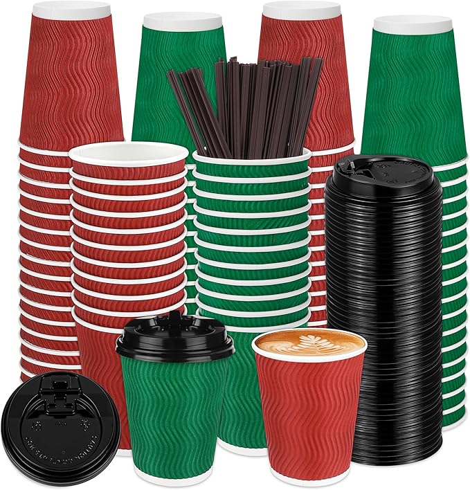 100 Pack 12 Oz Christmas Paper Coffee Cups with Black Lids Disposable Insulated Corrugated Ripple Wall Cup for Hot or Cold Drinks Office Home Travel Party Supplies