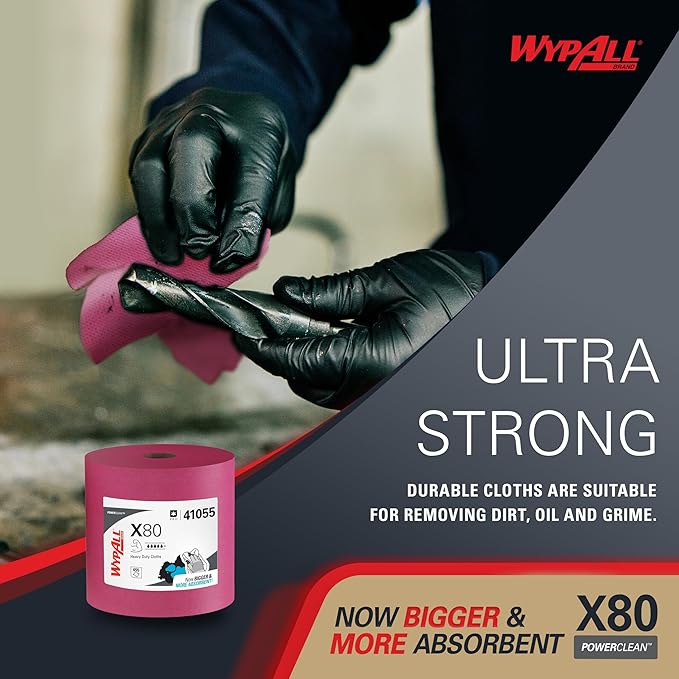 WypAll PowerClean X80 Cloths Heavy Duty Wipes (41055), Jumbo, Extended Use Towels, Red (1 Roll of 455 Sheets, 455 Sheet Total)