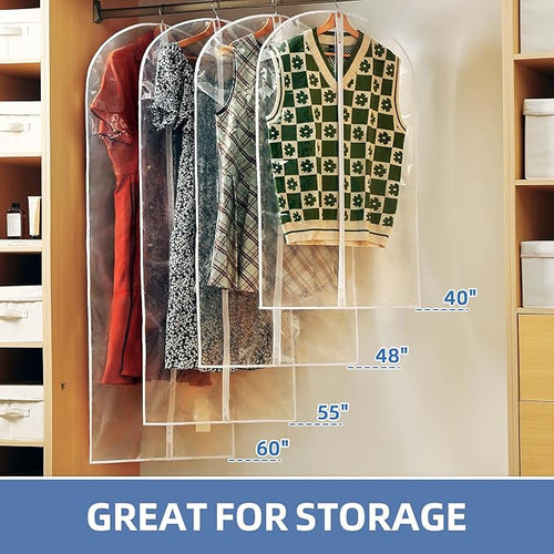 12 Packs All Clear Garment Bags for Hanging Clothes, Suit Bags for Closet Storage, Plastic Waterproof Suit Cover Bags with Zipper for Coats, Jackets, Dresses (24" x 40" & 48" & 55")