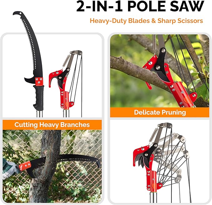 VINGLI 24ft Manual Pole Saws, Extendable Tree Trimmers Long Handle Pruner, Sharp Steel Blade and Scissors, Long Tree Pruner with Lightweight 7 Fiberglass Handles for Pruning Palms and Shrubs