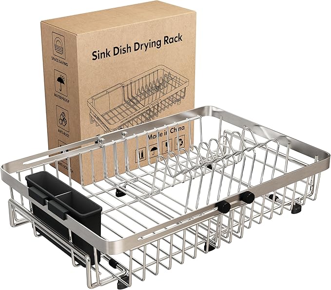 Small Expandable Over The Sink Dish Drying Rack Drainer In Stainless Steel Metal For Kitchen, Counter Space Saving Compact Above Plate Dryer Strainer, Adjustable Hanging Inside Sink Wire Drain Holder