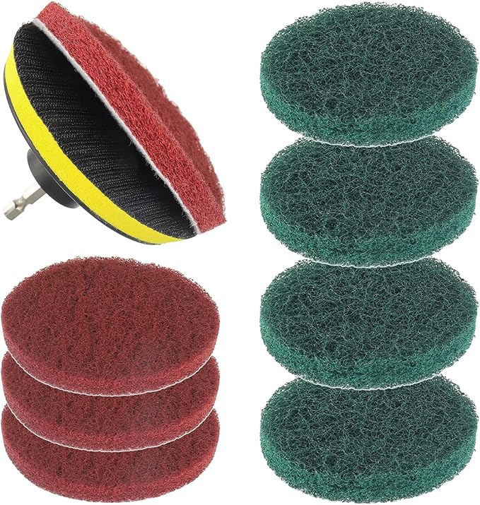 5 Inch Scrub Drill Brush Power Scouring Pads Household Cleaning Set for Kitchen Bathroom 4 Red Pads 4 Green Pads 1 Drill Attachment and 1 Universal Shaft