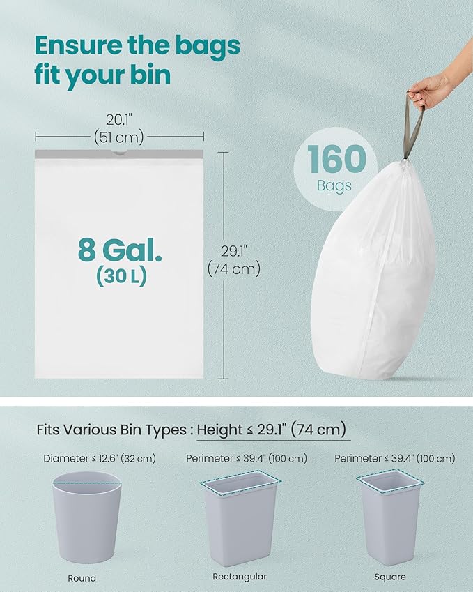 SONGMICS Trash Bags for 8-Gallon (30 L) Trash Cans, Drawstring Kitchen Garbage Bags, Pre-Separated, Quick-Dispense Box, Liner Code H, 4 Rolls, 160 Count, White UKRB031A04