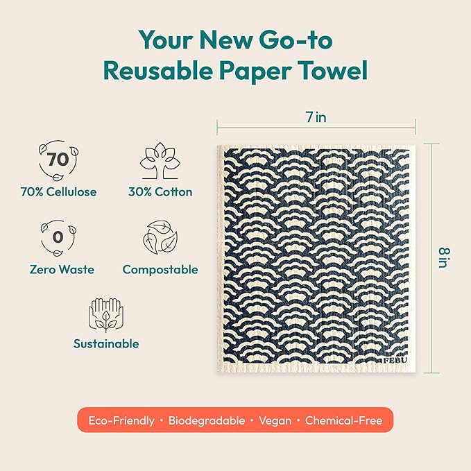 FEBU Swedish Dishcloths for Kitchen | 5 Pack Black Minimalist Reusable Paper Towels Washable | Swedish Dish Towels | Non-Scratch Cellulose Sponge Cloths | No Odor, Biodegradable Cleaning Cloths