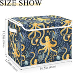 senya Large Storage Bins with Linen Collapsible Foldable Storage Cubes Fabric Closet Organizer Containers box with Flip-Top Lid for Home Bedroom Office 16.7 x 12.6 x 11.8in (Octopus and Water Grass)