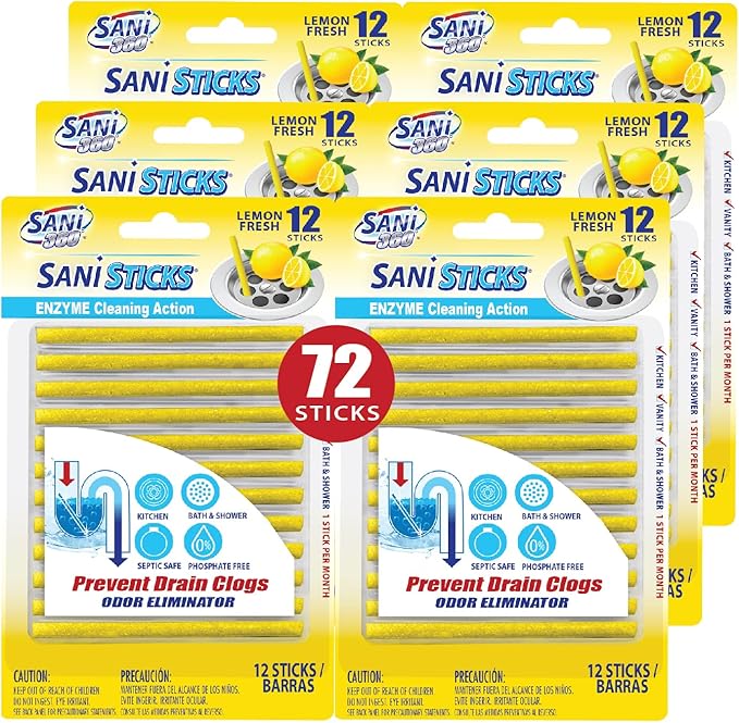 SANI 360° Sani Sticks Drain Cleaner and Deodorizer | Non-Toxic, Enzyme Formula to Eliminate Odors and Helps Prevent Clogged Drains | Septic Tank Safe (72 Count, Lemon)