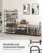 SONGMICS Stackable Shoe Rack, 4 Tier Metal Shoes Rack Storage Shelf, Holds up to 16 Pairs Shoes, Adjustable Slanted Shelves Tower Organizer for Closet Entryway Small Spaces, Bronze