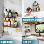 TAILI Shower Caddy Suction Cup 2 Pack with Hooks & Soap Holder, No Drilling Bathroom Organizer with Large Capacity, Heavy Duty Shower Organizer for Bathroom,Metal Storage Basket-Brown