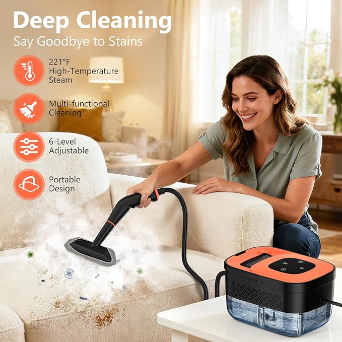 Steam Cleaner, Portable Steamer for Cleaning with 16pcs Accessories, 6-Level Adjustable, 15s Heat-Up, Handheld Steam Cleaner for Home for Tile, Grease, Dirt, Grout, Car Detailing, Orange