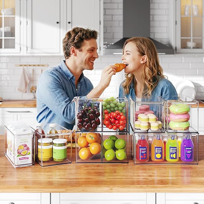 Clear Plastic Storage Bins with Dividers for Kitchen Pantry Organization, 6 Pack Large Thicken Stackable Storage Drawer Boxes for Refrigerator Cabinets Vanity Organizers and Storage, C6-4