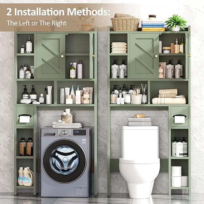 Meilocar Over The Toilet Storage Cabinet, 64.6" Tall Bathroom Organizer Space Saver with Toilet Paper Holder & Adjustable Shelf, Freestanding Wood Cabinet for Small Space, Green